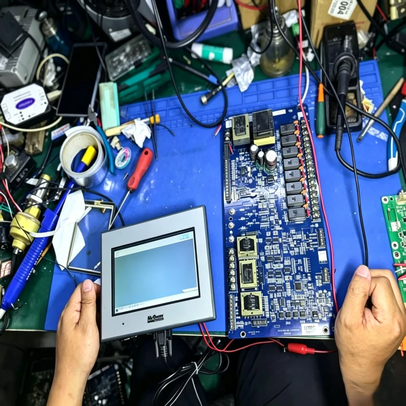 The technician is repairing and commissioning the McQuay inverter main drive board of compressor