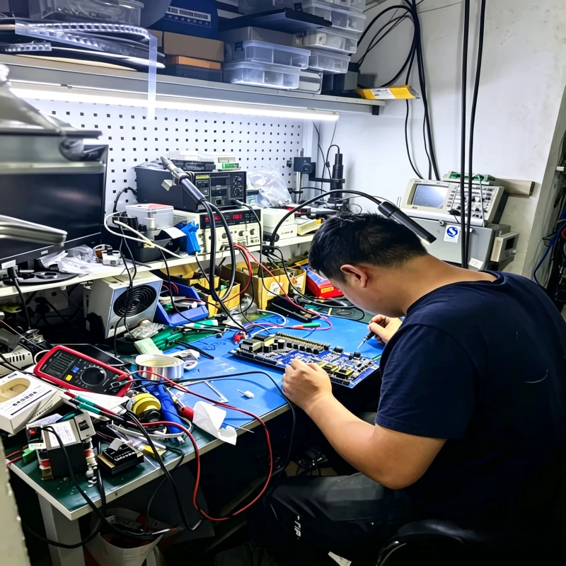 The engineer is repairing a circuit board (variable-frequency drive board for refrigeration compressors